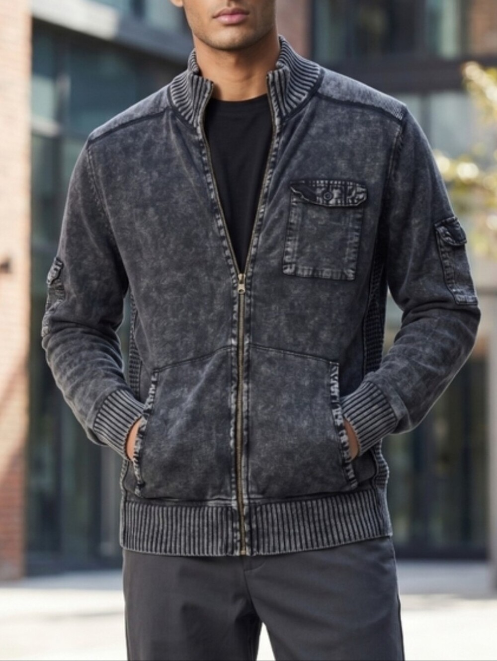 Alex Stevens Gray Cargo Zip Up Sweater with Pockets, M